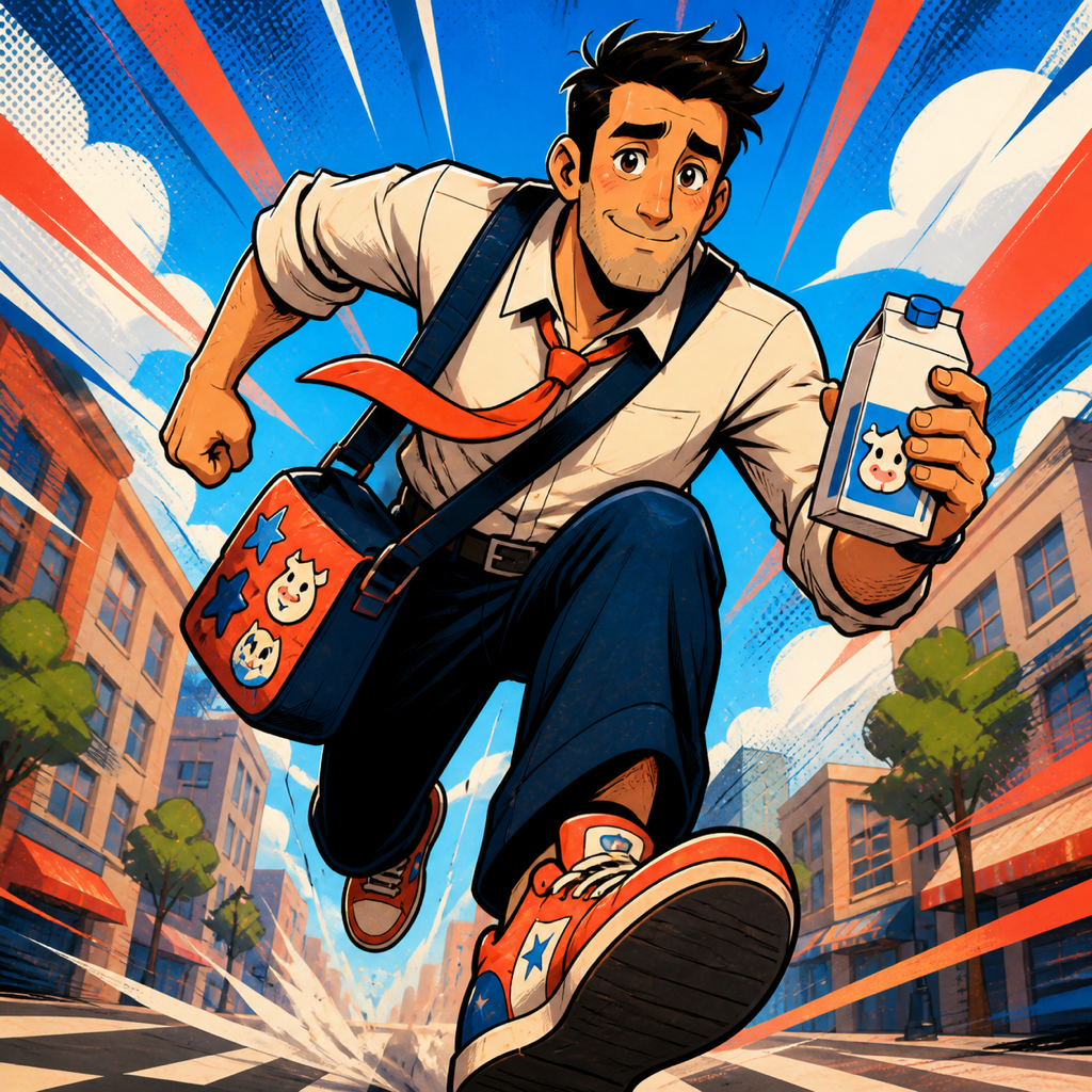 Dad sprinting through the city with milk